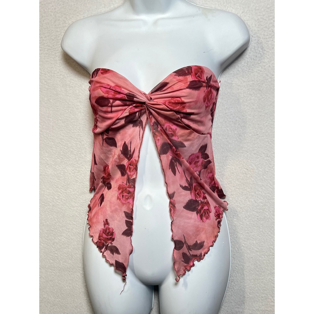 Madrag Pink Floral Mesh Strapless Tube Top Twist Front Lettuce Hem Y2K Medium
